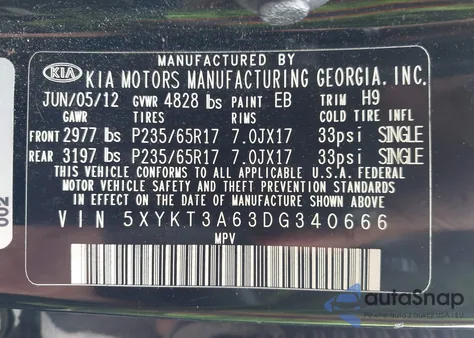 2013 Kia Sorento Lx из США, поврежденный, VIN 5XYKT3A63DG340666